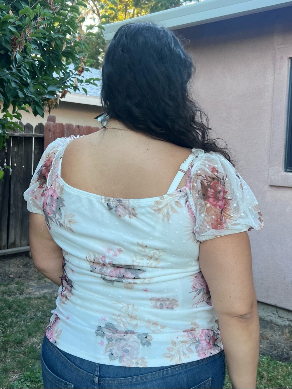 Floral Ruched Puff Sleeve Women’s Top - White/Pink - Picture 4 of 5